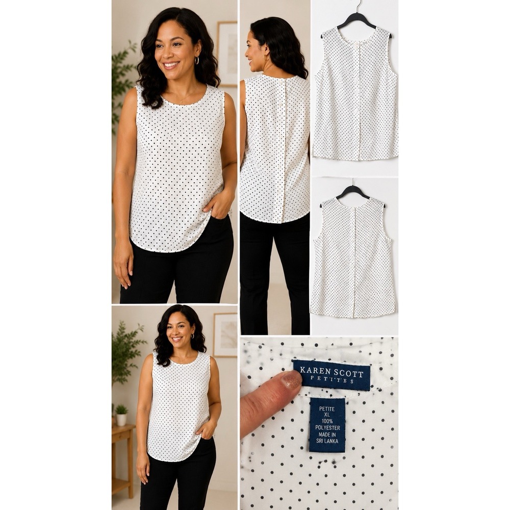 Karen Scott Petite XL White Black Polka Dot Sleeveless Blouse Button Back Top